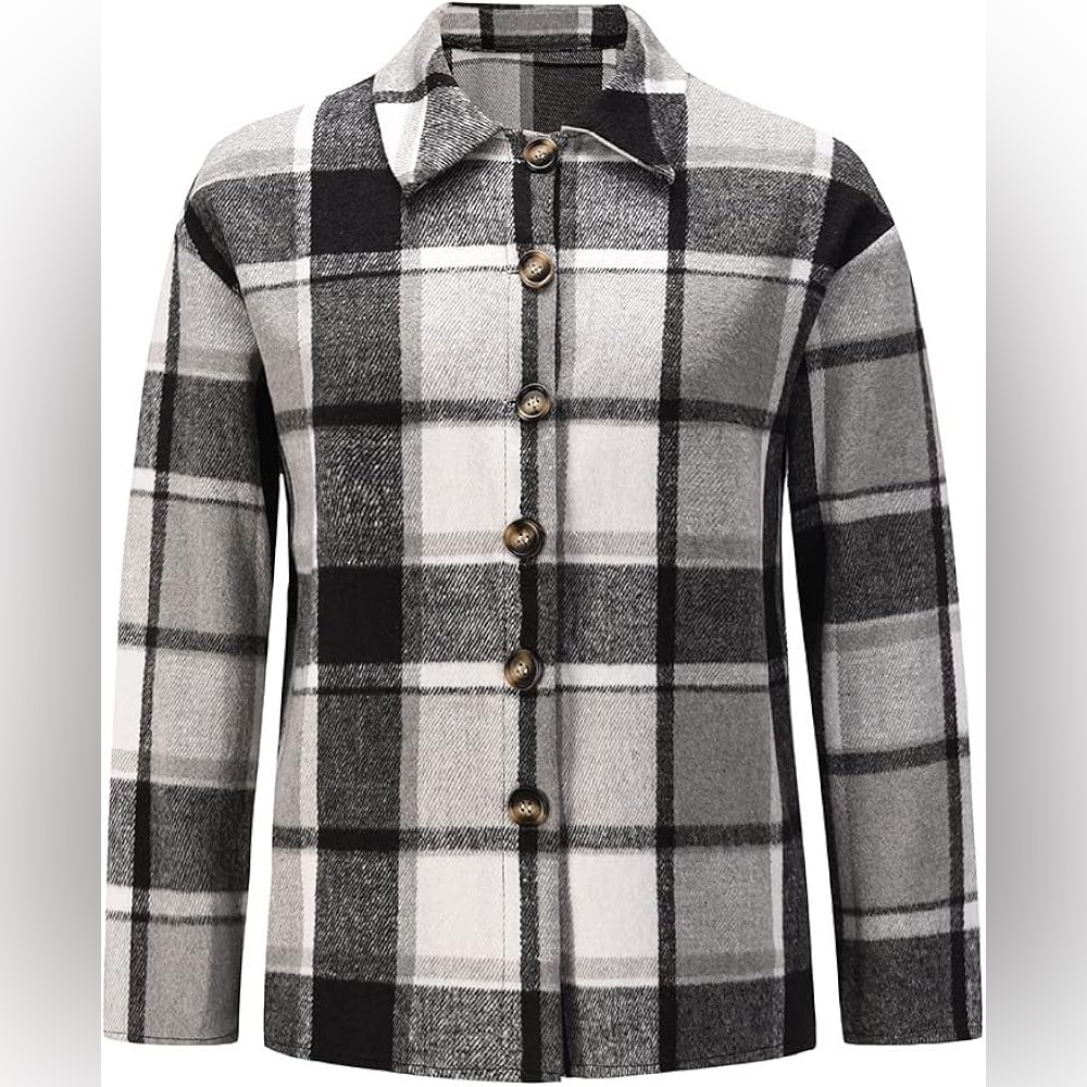 Plaid Shacket Jacket Casual Flannel Long Sleeve Outwear Lapel Open Front Trench